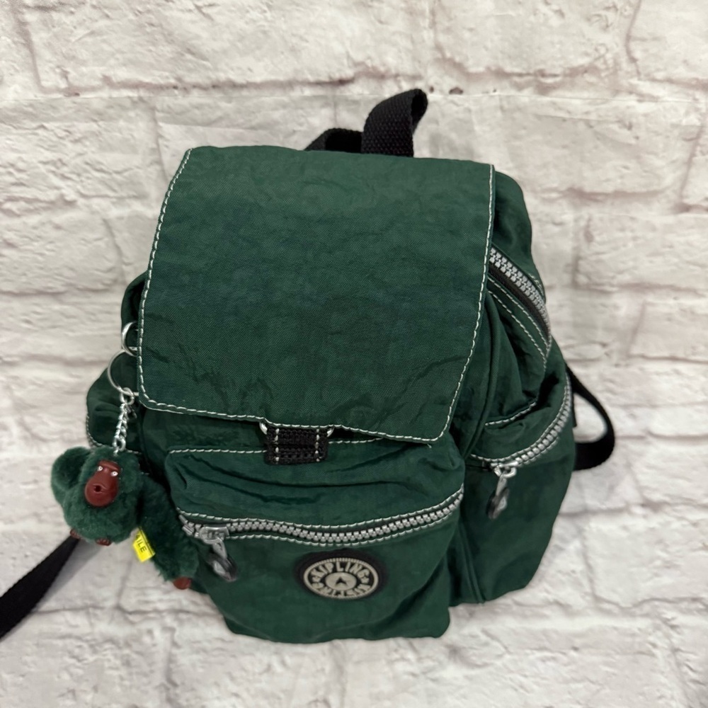 VINTAGE KIPLING MINI NYLON BACKPACK rare forest green with monkey attached - Picture 4 of 8